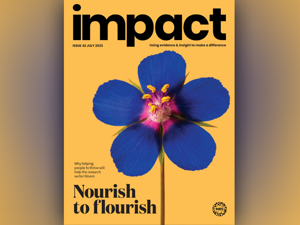 Impact July 2023 issue cover showing the Impact masthead and a blue flower against a yellow background, with the cover line 'Nourish to flourish'